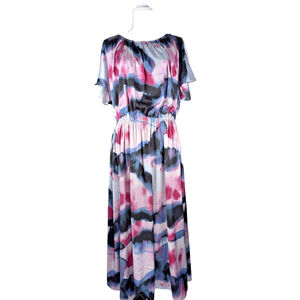 Soft Surroundings Midi Dress XL Faux Silk Blue Pink Washable Flowy Tie Dye